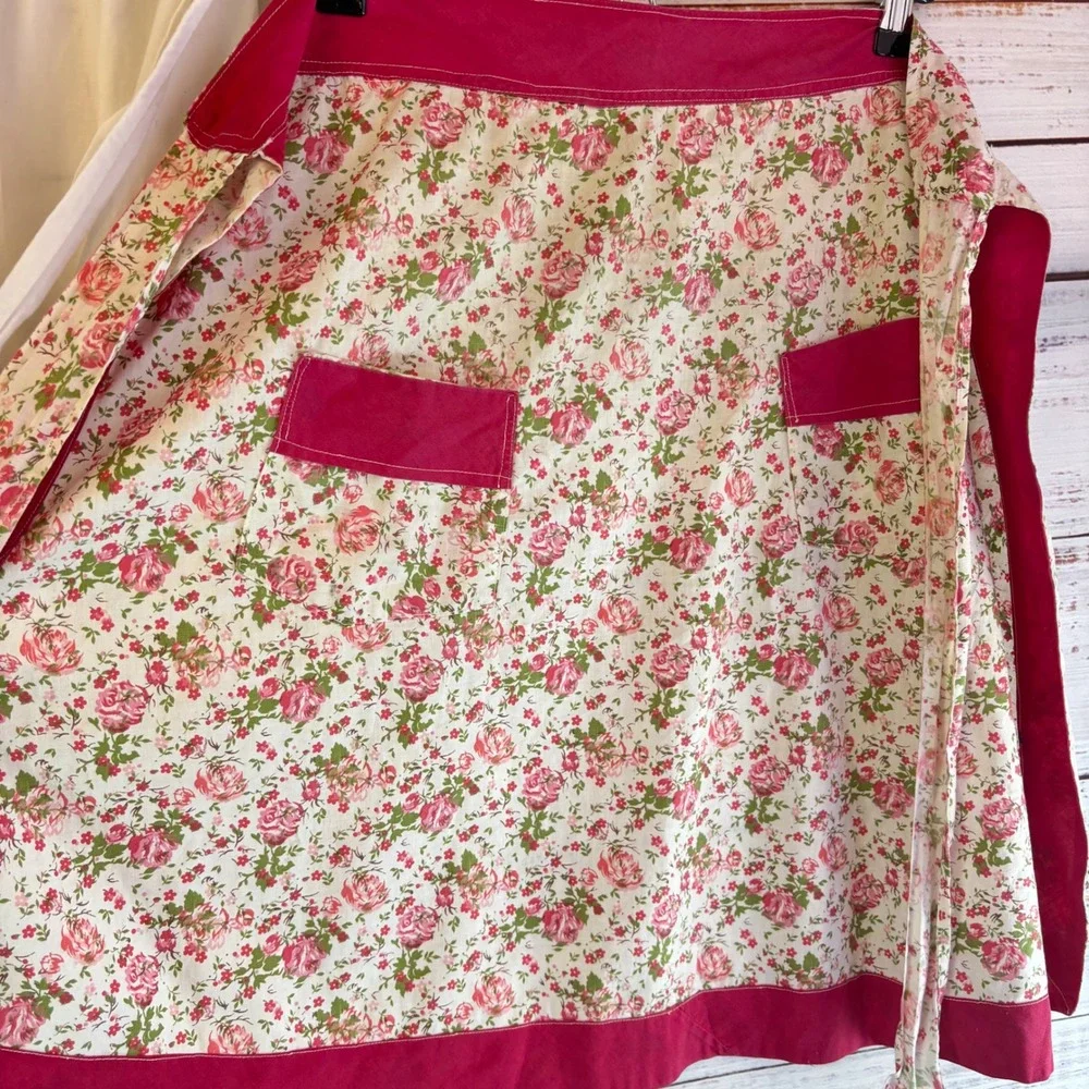 Vintage Floral Half Apron Set White Pink Cotton Cottagecore GrandmaCore